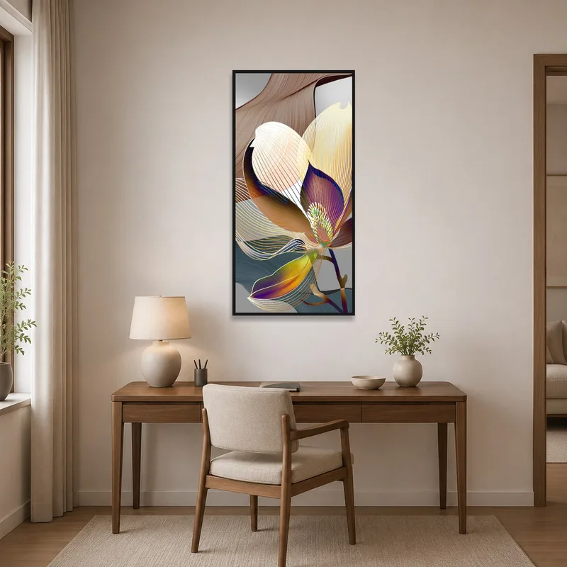 Floral abstract art enlivens a dedicated home office space.