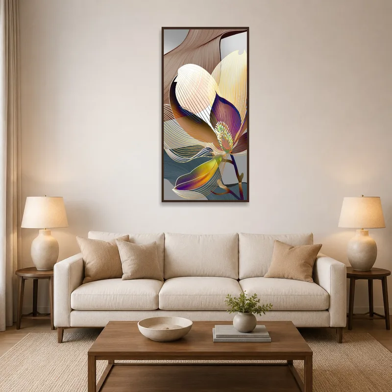 A vibrant floral abstract piece adds color to a cozy living room wall.