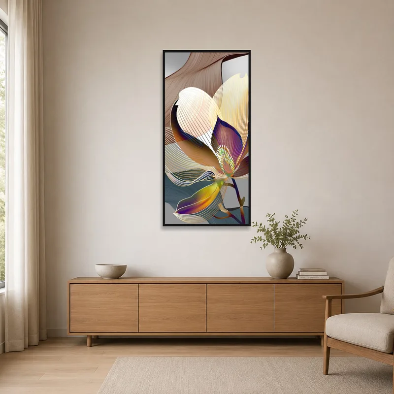 Minimalist room featuring a simple abstract floral artwork on a plain wall.