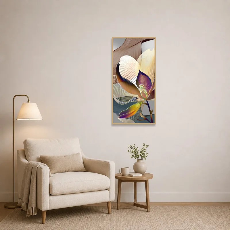 Floral abstract art piece brings intrigue to a quiet reading corner.