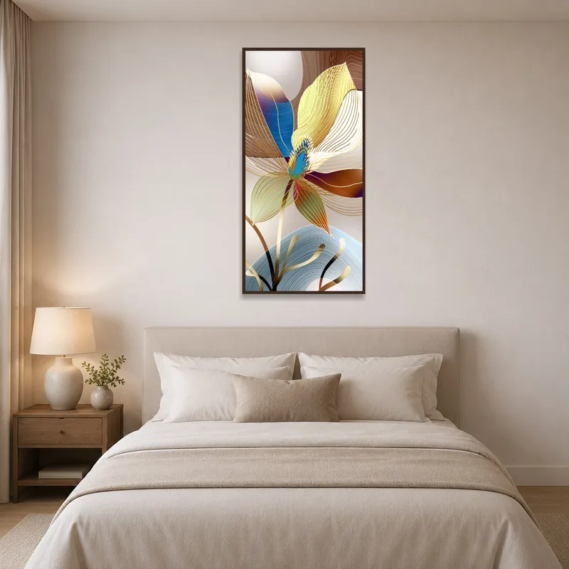 Vibrant abstract flower waves art adding color above a serene bedroom setting.
