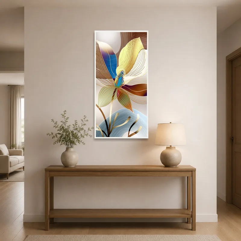 Abstract flower waves with vibrant hues welcomes guests in the entrance hall.