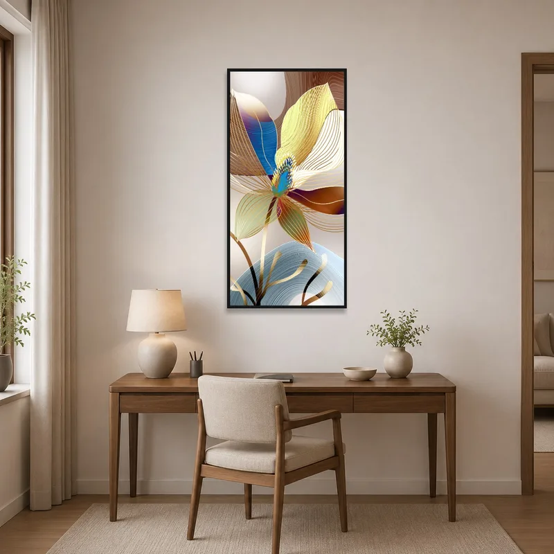 Home office uplifted by abstract flower waves art with vivid and lively hues.