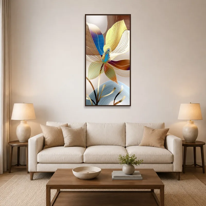 Abstract flower waves art in vibrant hues displayed over a modern living room sofa.