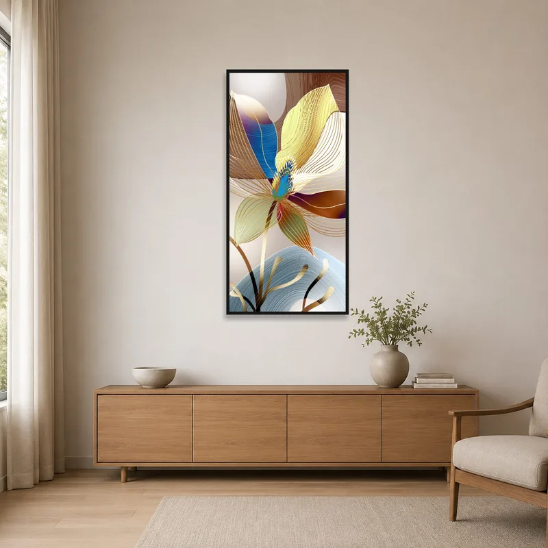 Minimalist space enhanced with abstract flower waves art featuring vibrant colors.