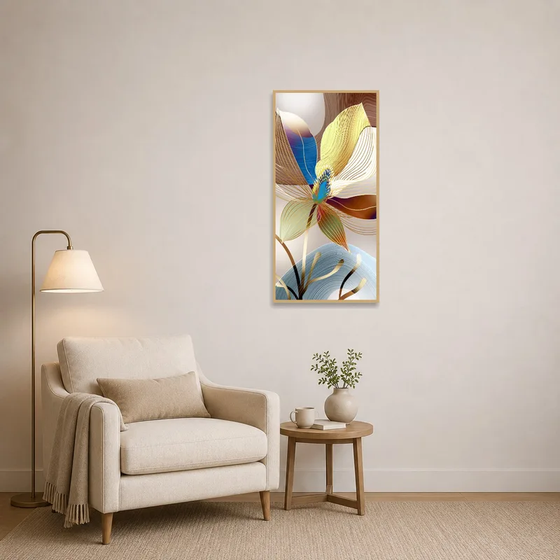Reading corner brightened by abstract flower waves art with lively colors.