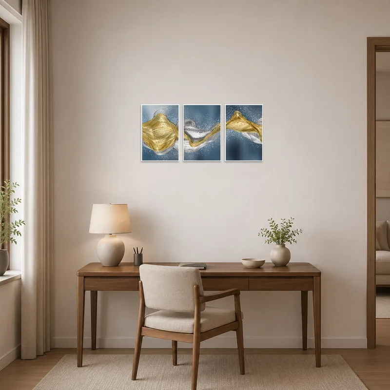 Gold and silver abstract triptych inspires creativity in a tasteful home office setting.