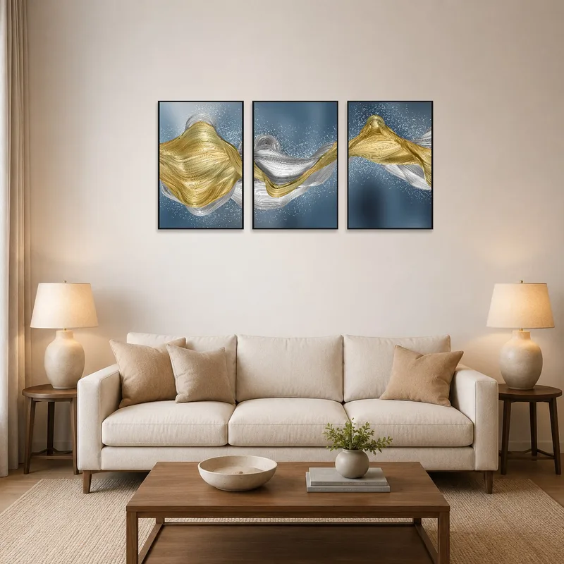 Triptych of flowing gold and silver abstract art brightens a modern living room.