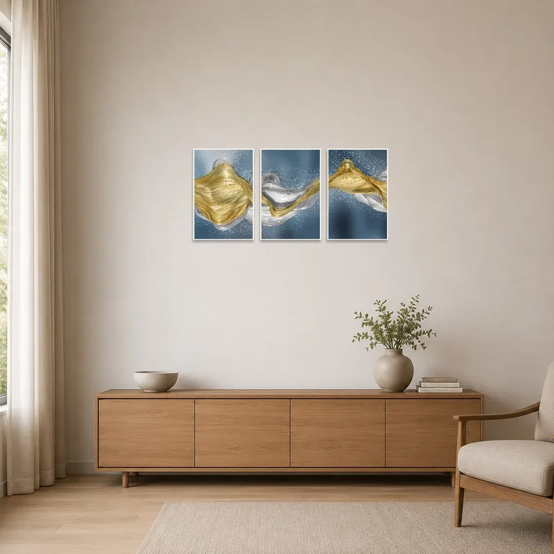 Gold and silver abstract pieces enhance a clean, minimalist space with subtle elegance.