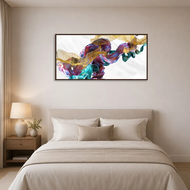 Abstract Flowing Hues with Gold Accents hanging above a bed in a calm bedroom.
