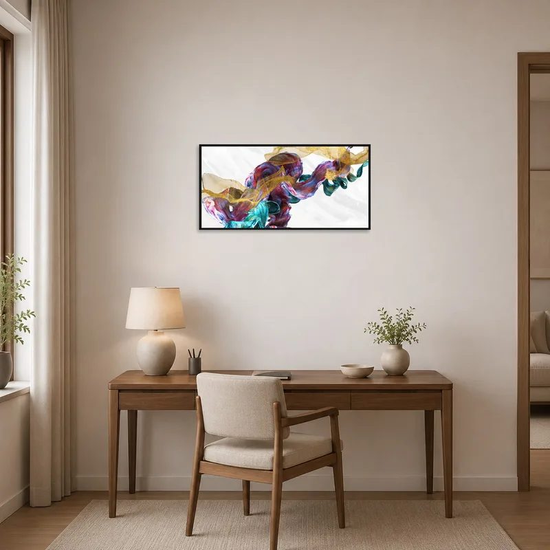 Abstract Flowing Hues with Gold Accents on a home office wall beside a workspace.