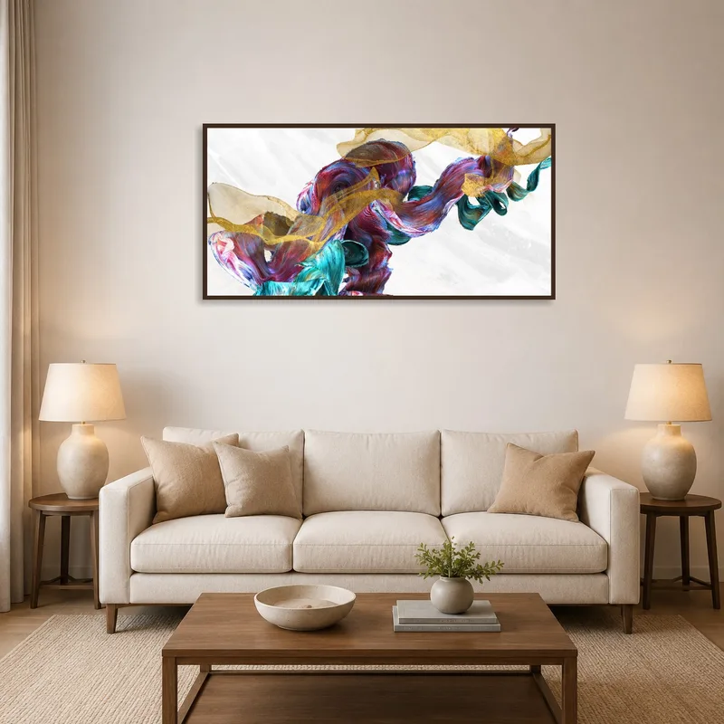 Abstract Flowing Hues with Gold Accents on a living room wall above a modern sofa.