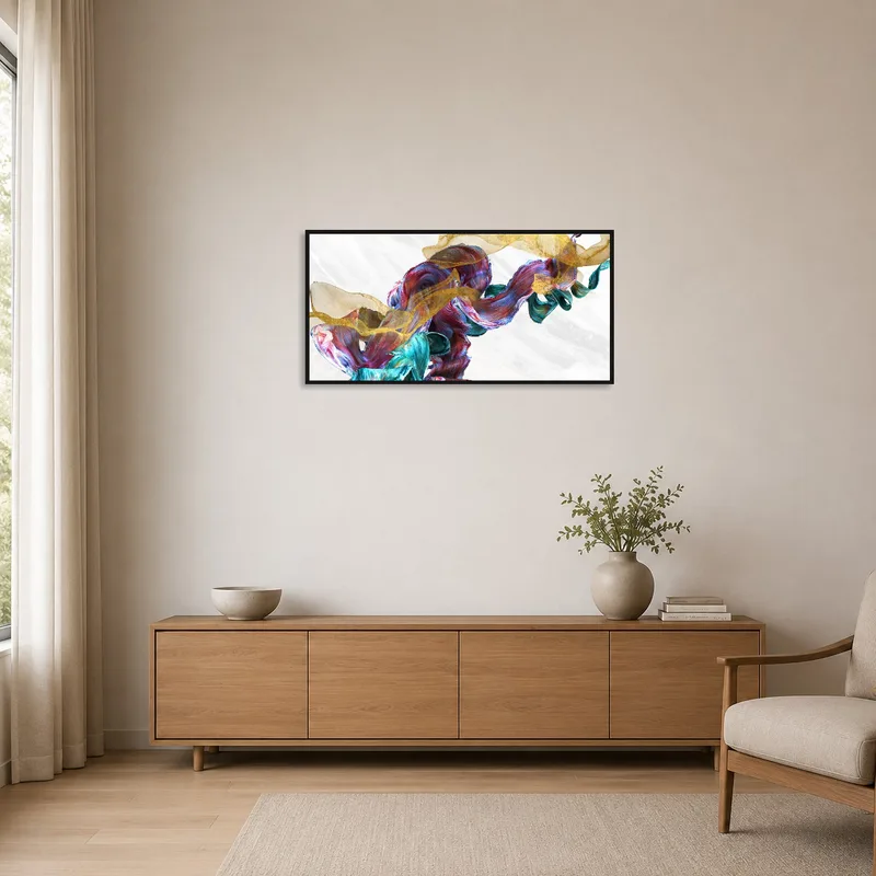 Abstract Flowing Hues with Gold Accents in a minimalist room with simple furniture.