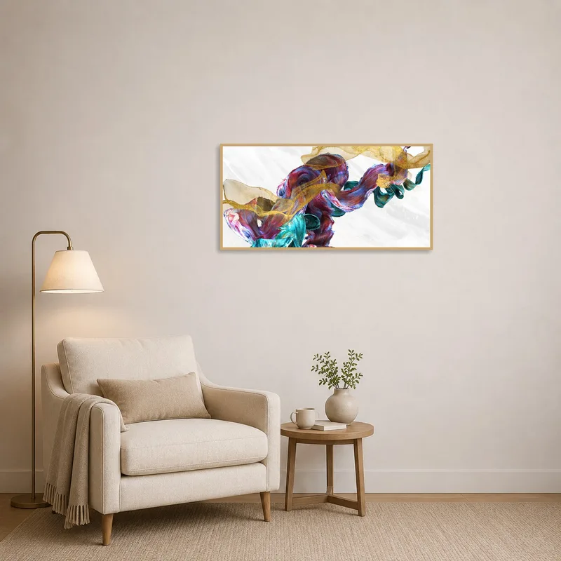 Abstract Flowing Hues with Gold Accents near a cozy chair in a reading corner.