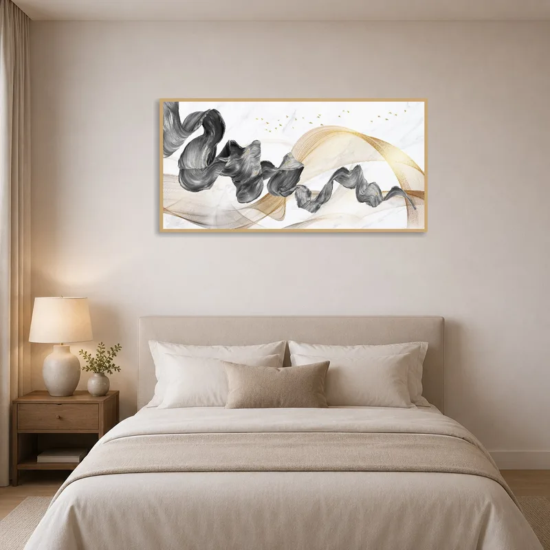 Abstract Flowing Waves with Golden Accents bringing sophistication to a bedroom.