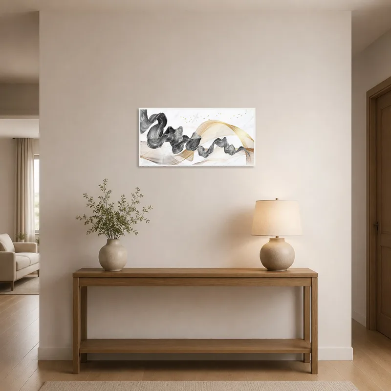 Abstract Flowing Waves with Golden Accents welcoming guests in an entrance hall.