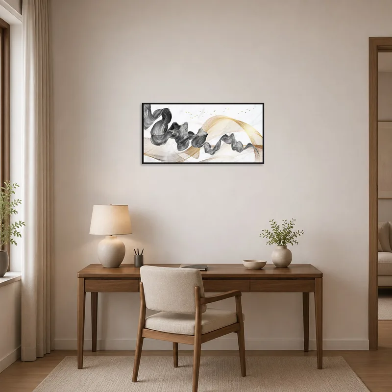 Abstract Flowing Waves with Golden Accents motivating creativity in a home office.