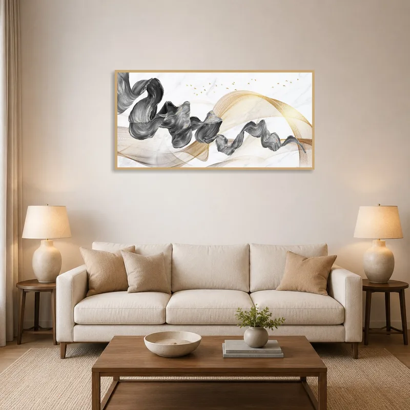Abstract Flowing Waves with Golden Accents adding elegance to a living room setting.