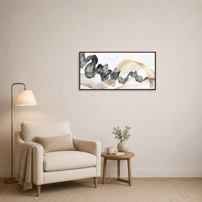 Abstract Flowing Waves with Golden Accents inspiring tranquility in a reading corner.