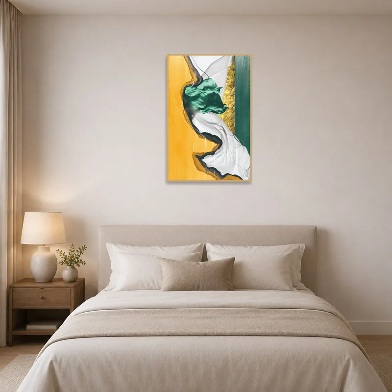 Abstract earth-toned art adding warmth to a bedroom setting.