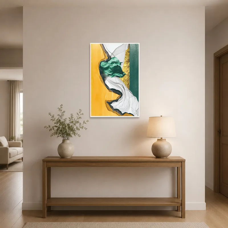 Vibrant abstract art in earth tones on the entrance hall wall.