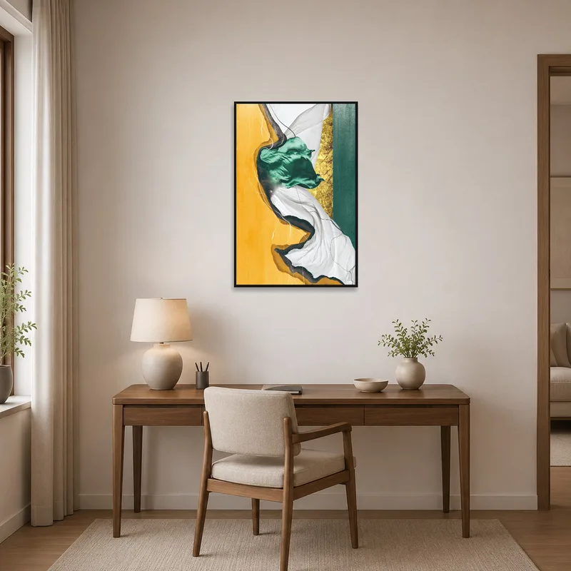 Earth-toned abstract artwork bringing color to a home office.