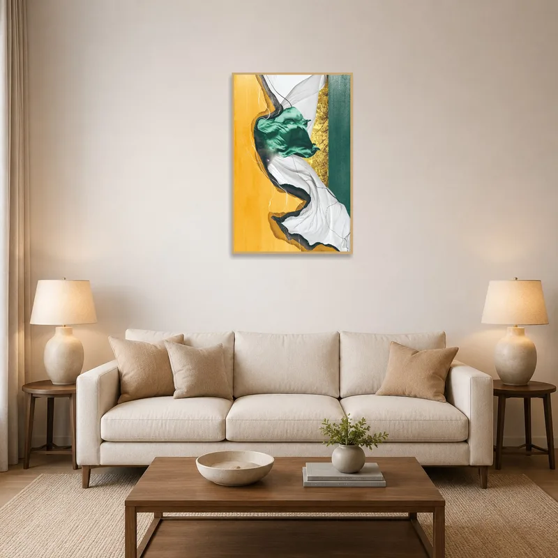 Abstract artwork with earth tones above a modern sofa in a living room.
