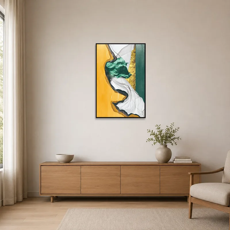 Earth-toned abstract piece on a white wall in a minimalist space.