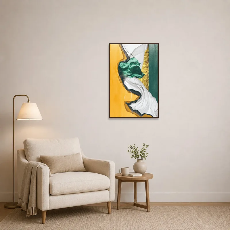 Abstract fluid art with earth hues enhancing a cozy reading corner.