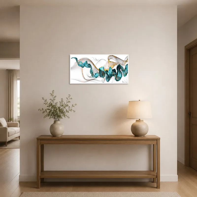 Abstract fluid motion welcomes guests in the entrance hall.