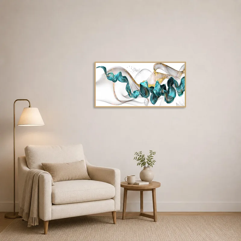 Gold-accented abstract art enhances a cozy reading corner.