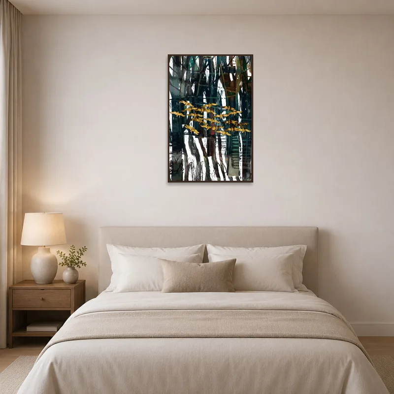 Abstract forest and gold birds art print adding warmth to a bedroom wall.