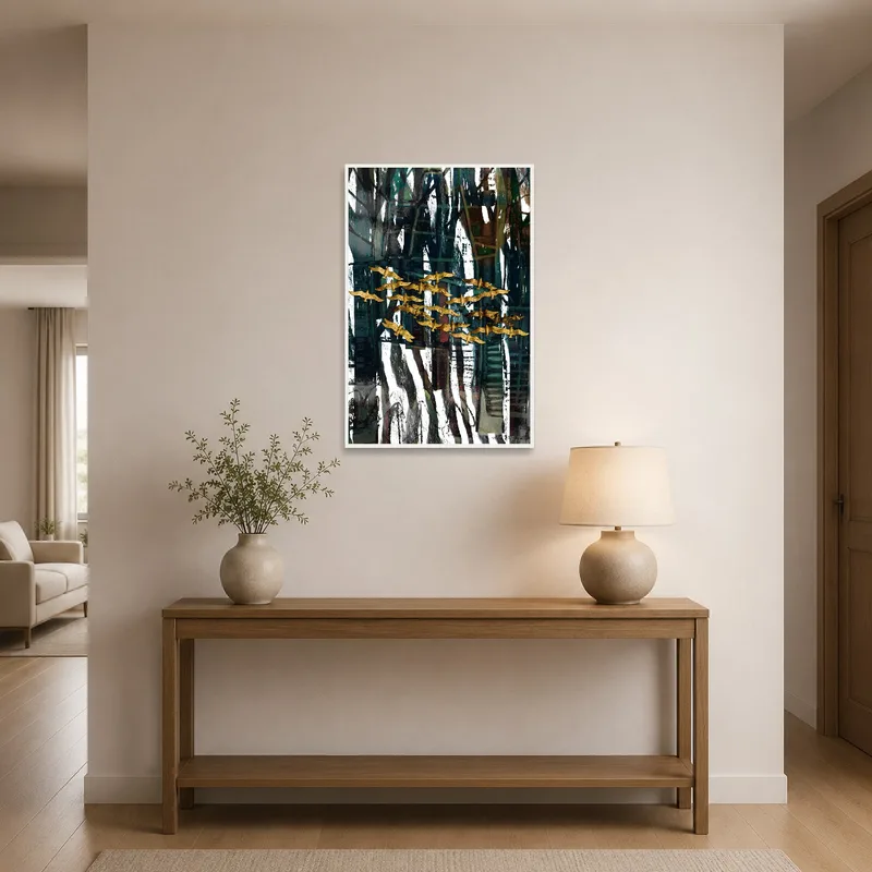 Abstract forest with gold birds art print welcoming guests in the entryway.