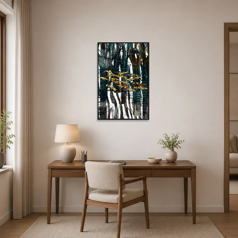 Abstract forest with gold birds art print inspiring creativity in a home office.