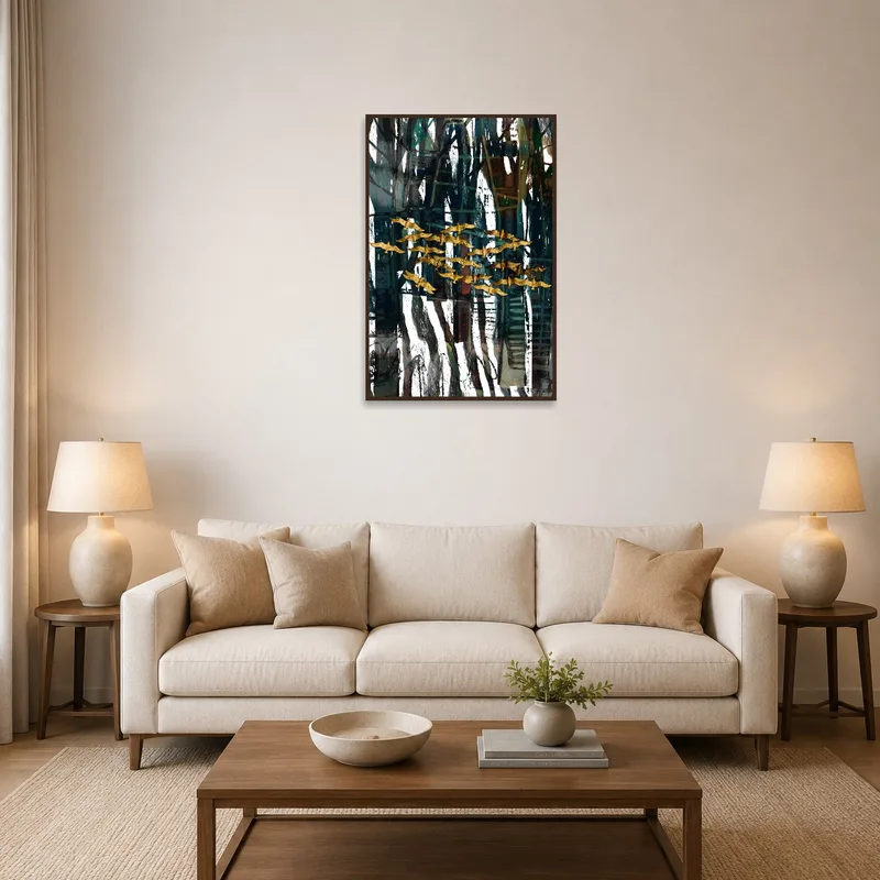 Abstract forest and gold birds art print in a cozy living room setting.