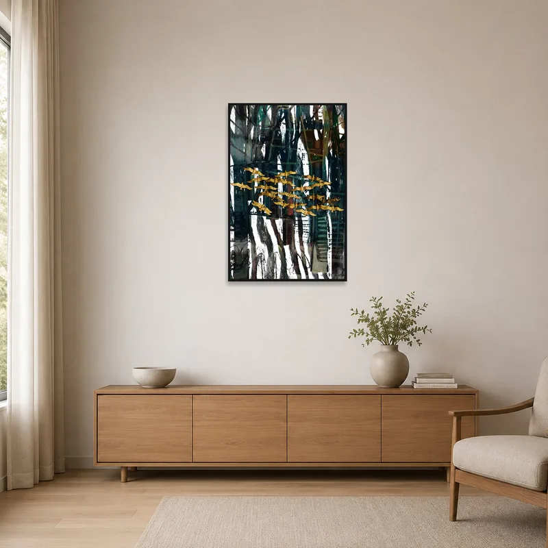 Abstract forest with gold birds art print in a minimalist-style space.