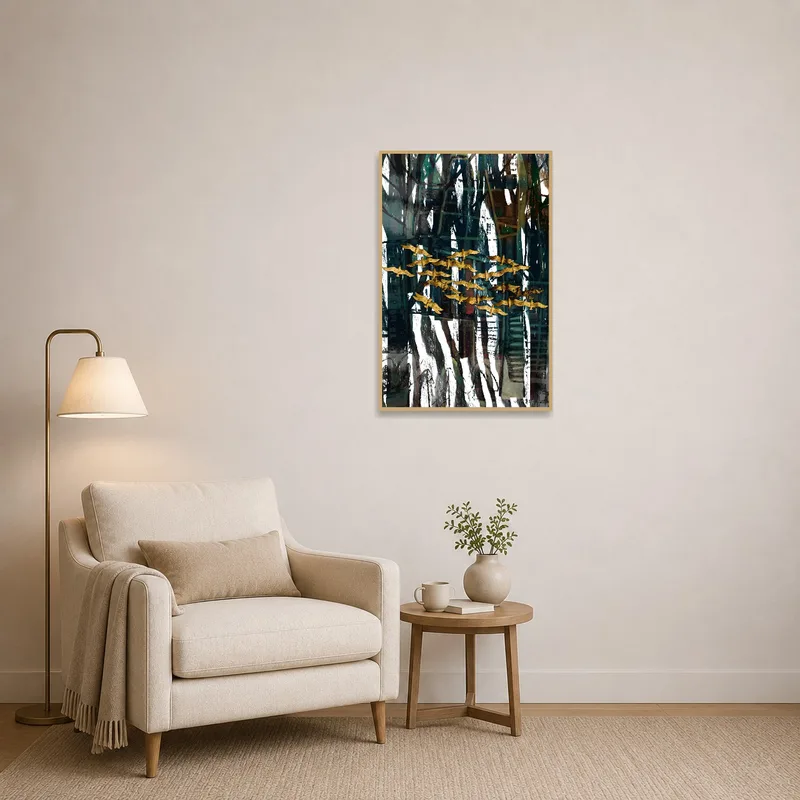 Abstract forest with gold birds art print enhancing a peaceful reading corner.