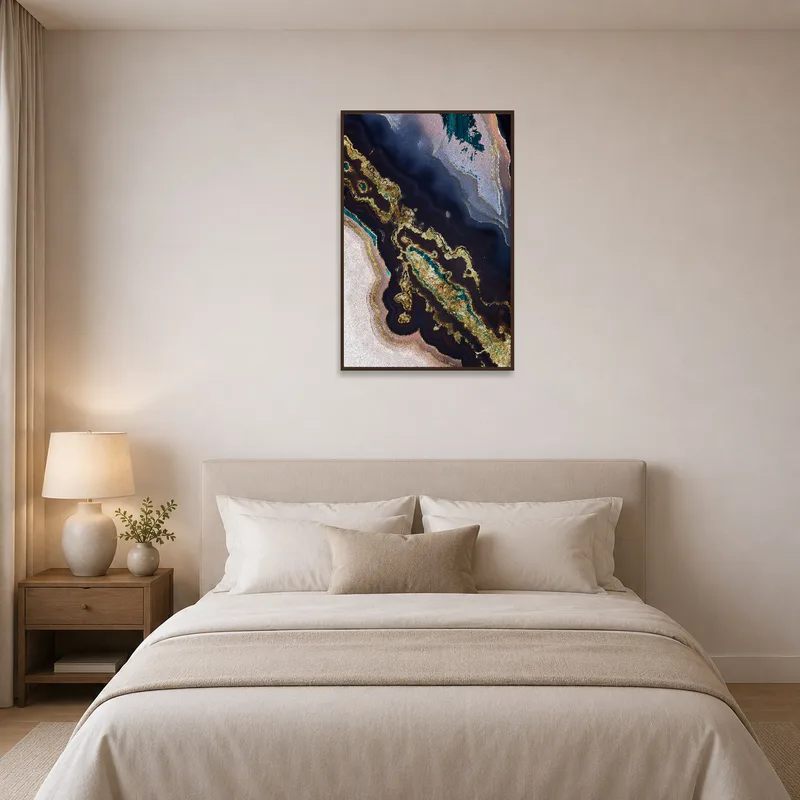 Bedroom showcasing abstract geological art with deep colors.