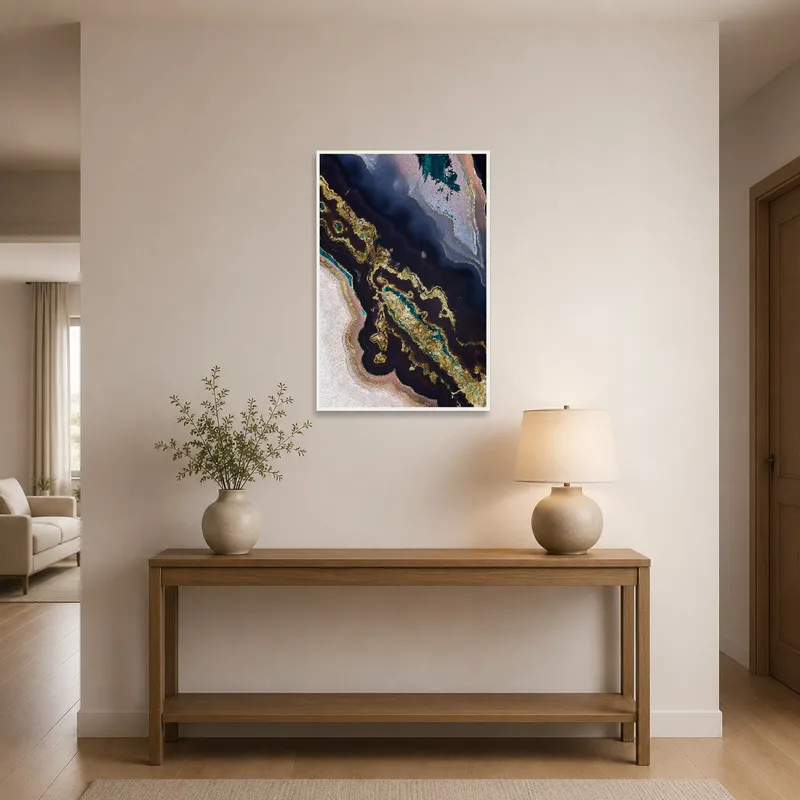 Entrance hall displaying rich-hued abstract geological art.