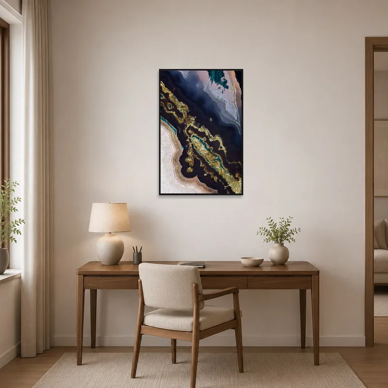 Home office wall with abstract geological art in rich tones.
