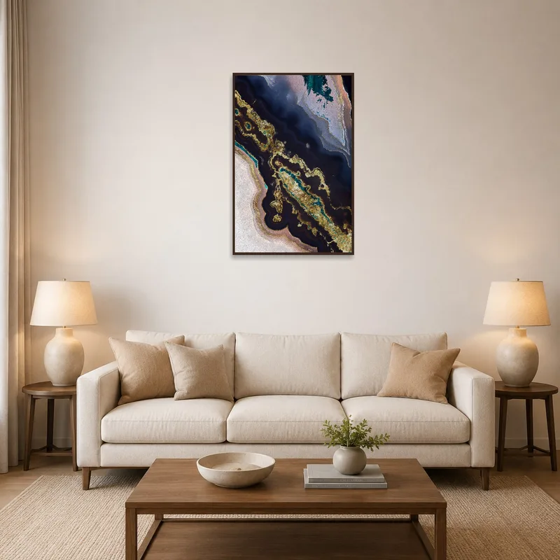 Abstract geological art with rich hues on a living-room wall.