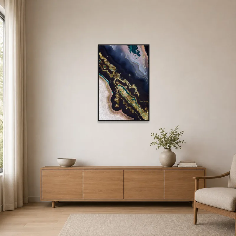 Minimalist room featuring abstract geological art in rich hues.