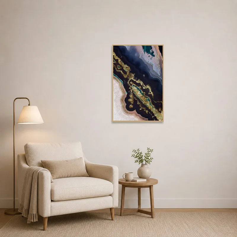 Reading corner adorned with vivid abstract geological artwork.