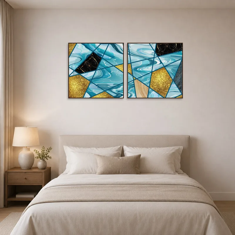 Bedroom accented with abstract geometric and marble design art above the bed.