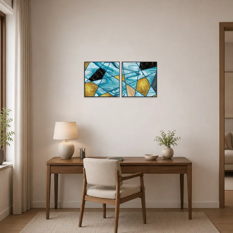 Abstract geometric and marble theme artwork showcased in a home office.