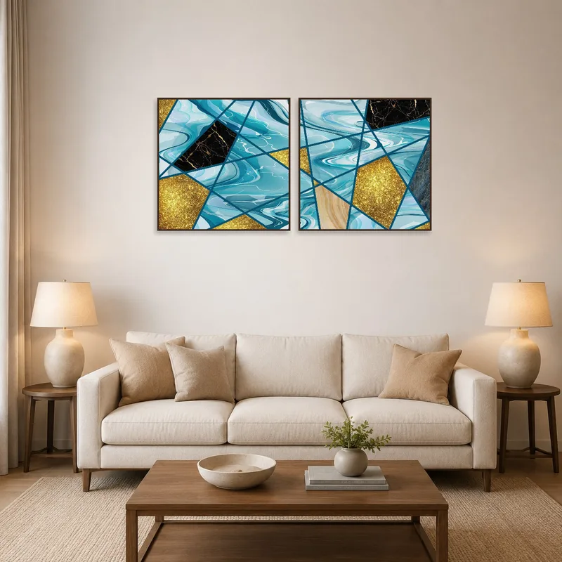 Abstract geometric and marble art featured above a modern living room sofa.