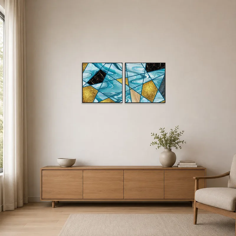 Art piece with abstract geometric and marble patterns in a minimalist setting.