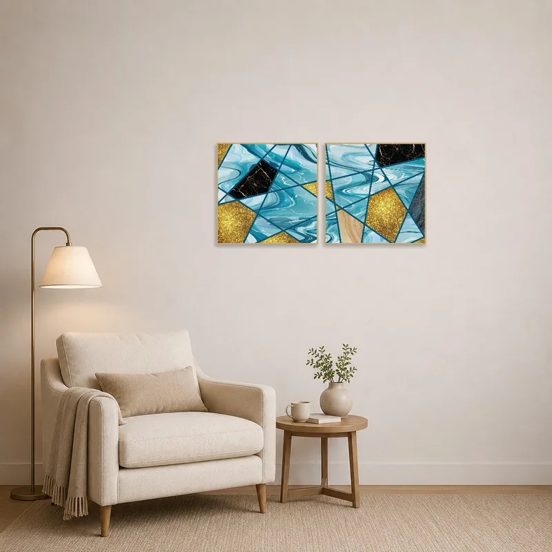 Reading corner enhanced by abstract geometric and marble design artwork.
