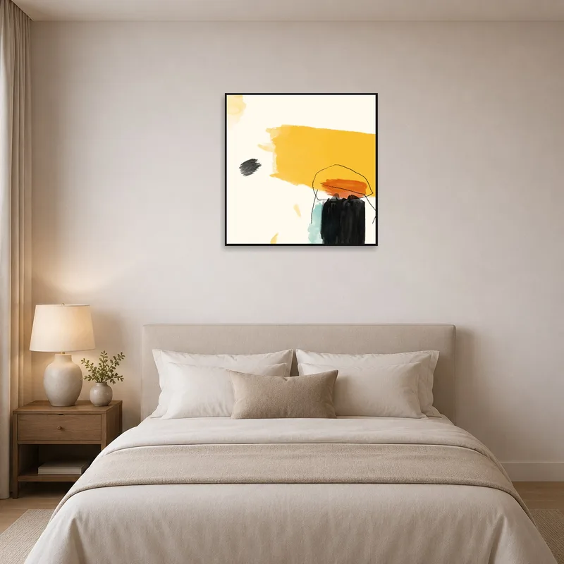 Bedroom wall enhanced by lively abstract geometric design.