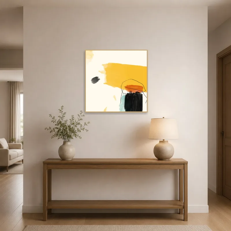 Entrance hall highlights vibrant geometric watercolor art.
